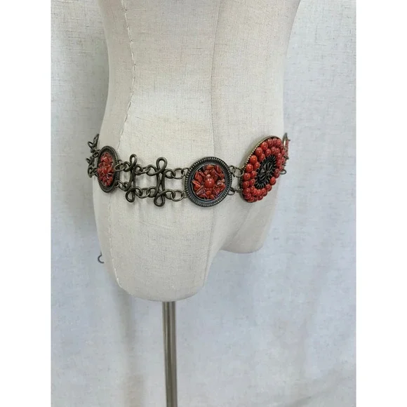 Medallion Chain Concho Belt Womens OS Red Faux Coral Antique Brass Boho Style - Picture 12 of 14